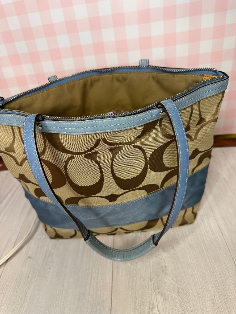 Coach Beige Signature Canvas Tote with Light Blue Trim - Picture 13 of 14